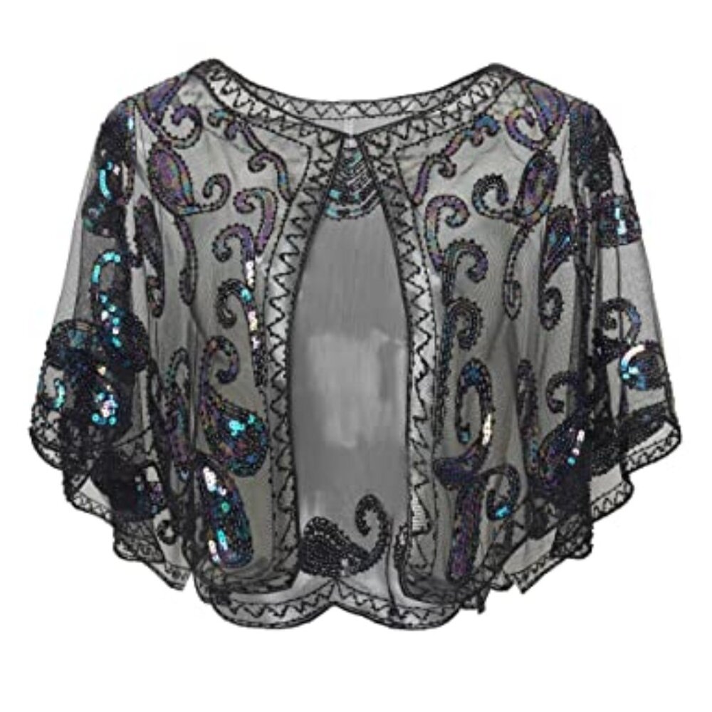 1920s Shawl Wraps Sequin Beaded Evening Cape Bridal Shawl Bolero Flapper Cover U
